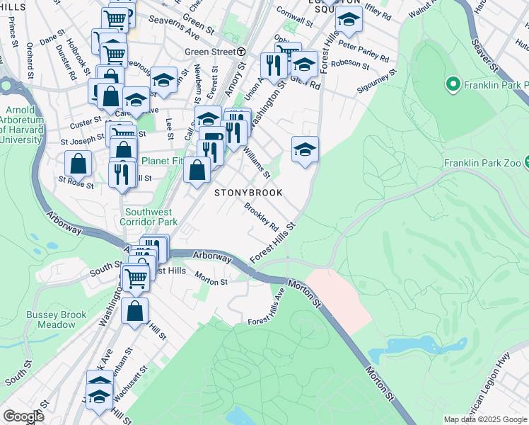 map of restaurants, bars, coffee shops, grocery stores, and more near 81 Brookley Road in Boston