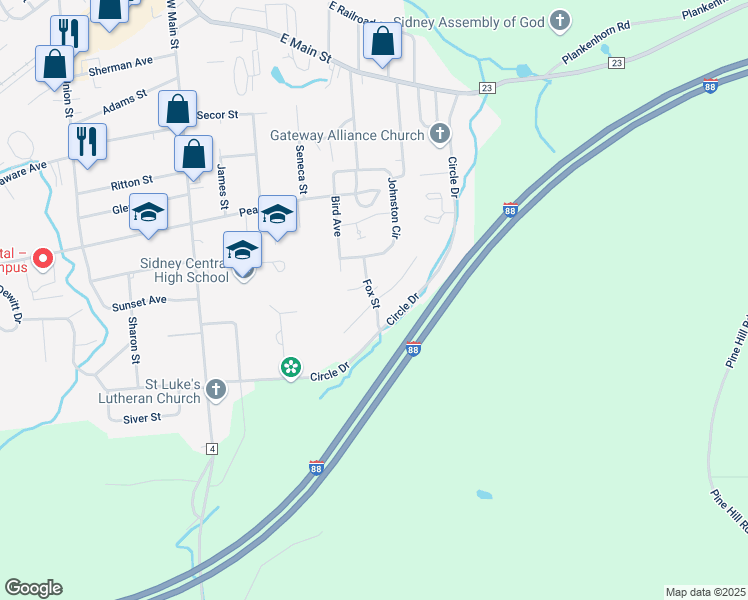 map of restaurants, bars, coffee shops, grocery stores, and more near 213 Fox Street in Sidney