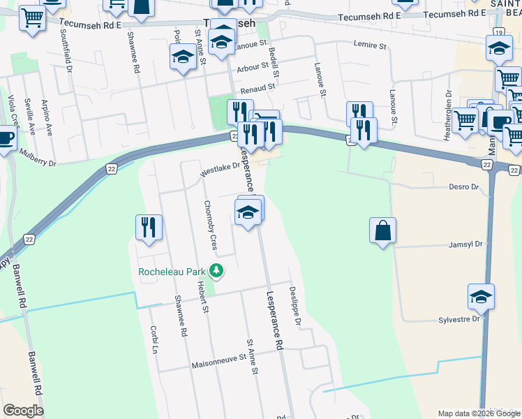 map of restaurants, bars, coffee shops, grocery stores, and more near 1718 Lesperance Road in Windsor