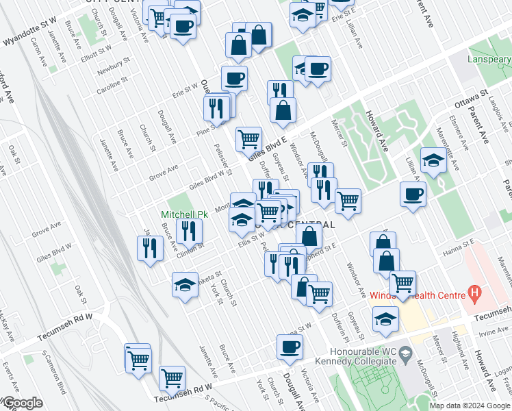 map of restaurants, bars, coffee shops, grocery stores, and more near 1331 Pelissier Street in Windsor