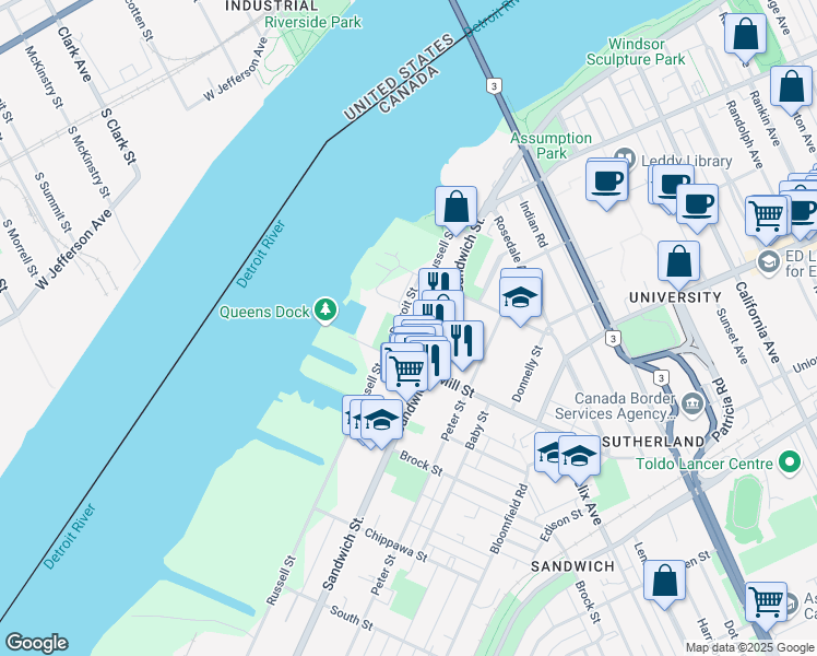 map of restaurants, bars, coffee shops, grocery stores, and more near in Windsor