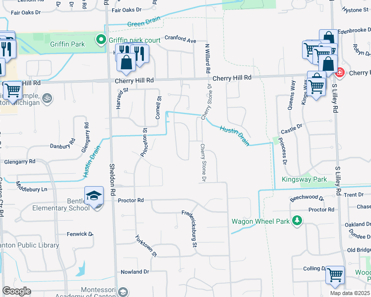 map of restaurants, bars, coffee shops, grocery stores, and more near 654 Cherry Grove Road in Canton