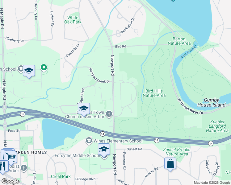 map of restaurants, bars, coffee shops, grocery stores, and more near 2120 Newport Road in Ann Arbor