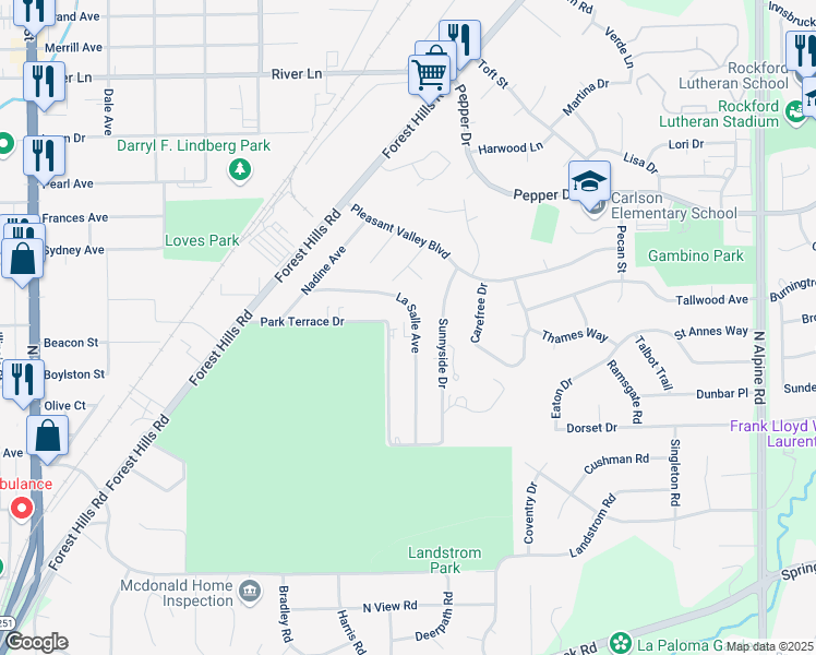 map of restaurants, bars, coffee shops, grocery stores, and more near 3032 La Salle Avenue in Rockford