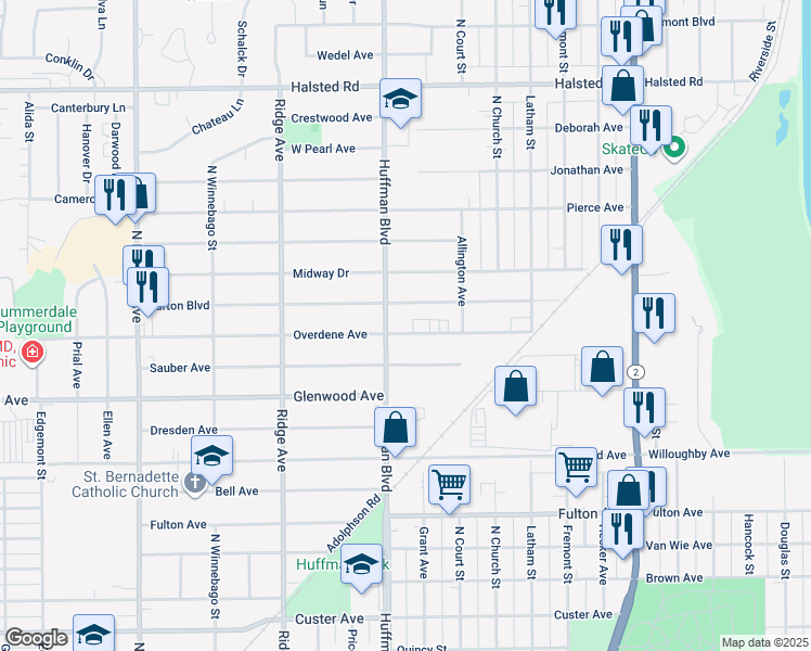 map of restaurants, bars, coffee shops, grocery stores, and more near 3003 Huffman Boulevard in Rockford