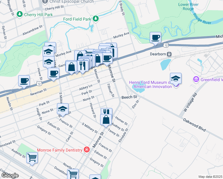 map of restaurants, bars, coffee shops, grocery stores, and more near 1255 Tillman Street in Dearborn