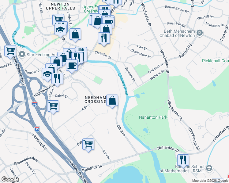 map of restaurants, bars, coffee shops, grocery stores, and more near 300 2nd Avenue in Needham