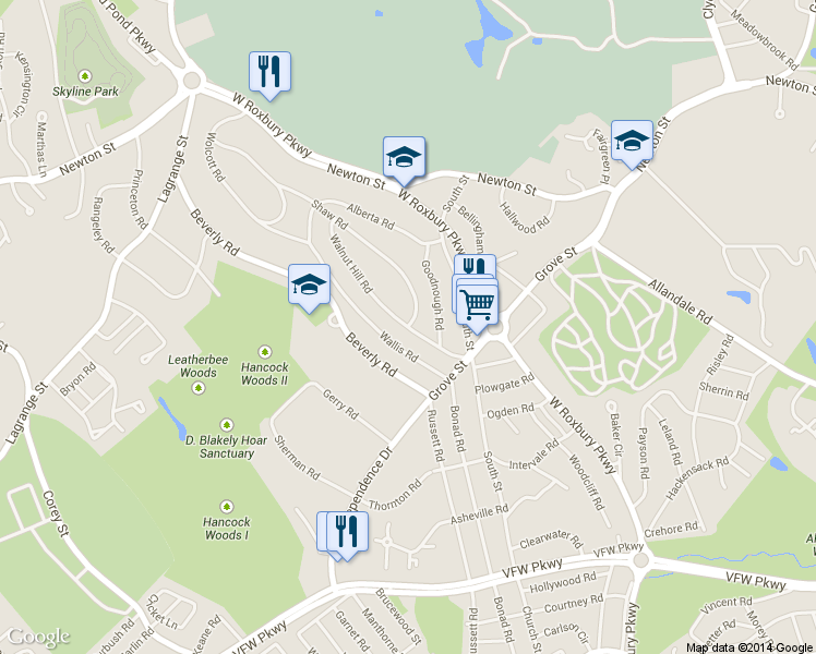 map of restaurants, bars, coffee shops, grocery stores, and more near Walnut Hill Rd & Shaw Rd in Brookline