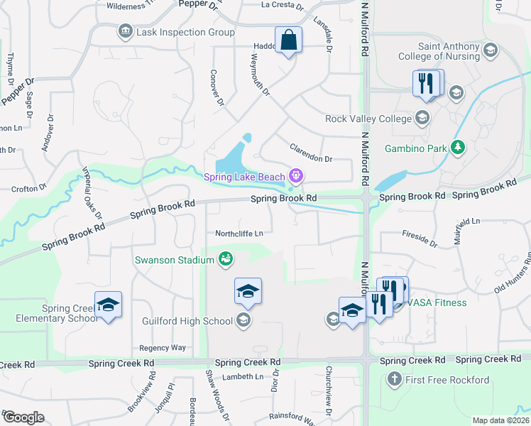map of restaurants, bars, coffee shops, grocery stores, and more near 2934 Troon Court in Rockford