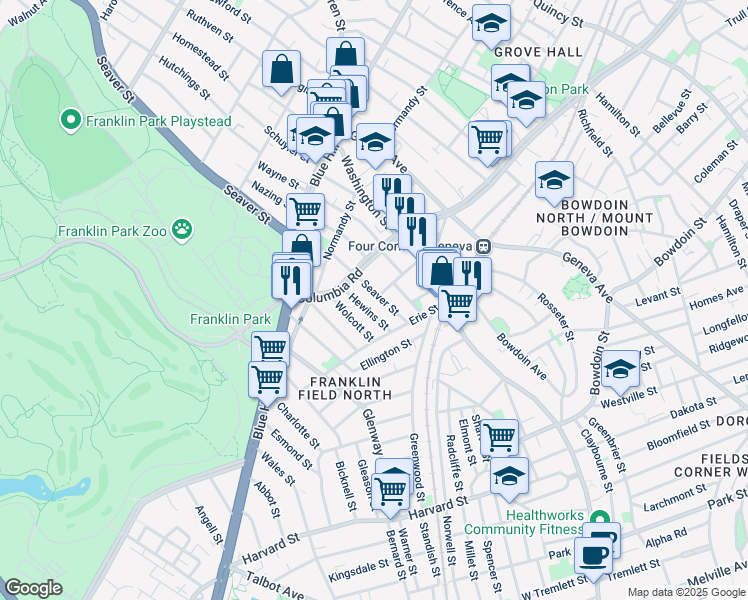 map of restaurants, bars, coffee shops, grocery stores, and more near 21 Hewins Street in Boston