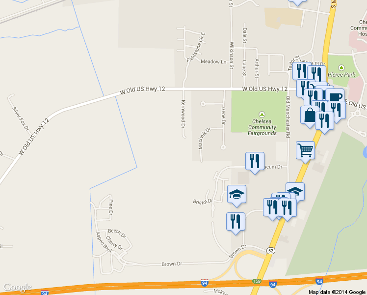 map of restaurants, bars, coffee shops, grocery stores, and more near 1230 Kernwood Drive in Chelsea