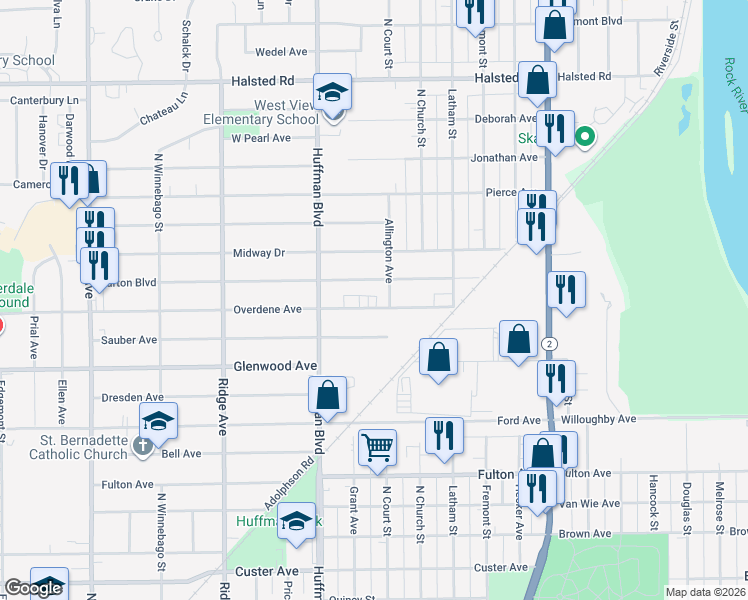 map of restaurants, bars, coffee shops, grocery stores, and more near 1617 Overdene Avenue in Rockford