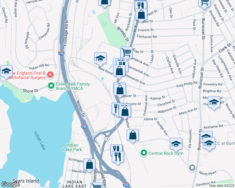 map of restaurants, bars, coffee shops, grocery stores, and more near 332 West Boylston Street in Worcester