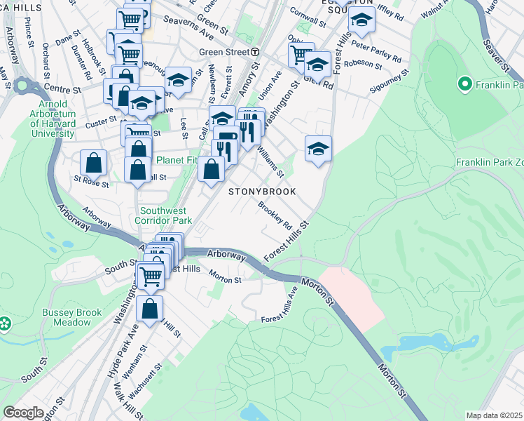 map of restaurants, bars, coffee shops, grocery stores, and more near 55 Brookley Road in Boston