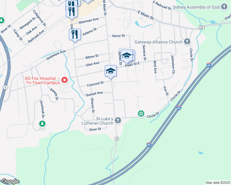 map of restaurants, bars, coffee shops, grocery stores, and more near 107-109 W Main St in Sidney