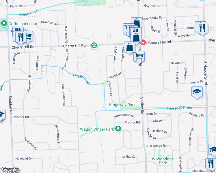 map of restaurants, bars, coffee shops, grocery stores, and more near 658 Princess Drive in Canton