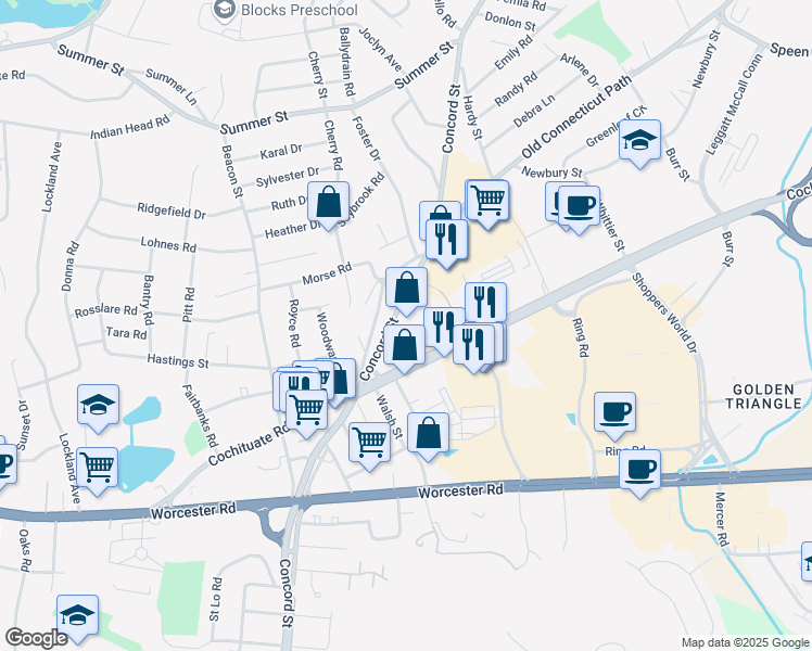 map of restaurants, bars, coffee shops, grocery stores, and more near 887 Concord Street in Framingham