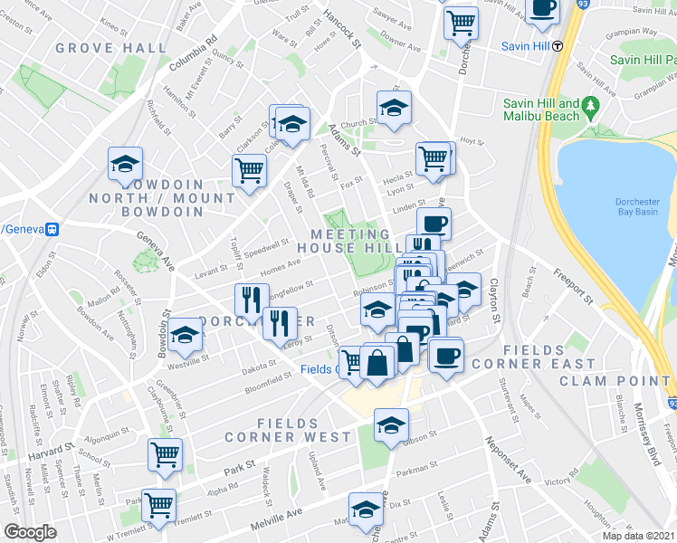 map of restaurants, bars, coffee shops, grocery stores, and more near 12 Bentham Road in Boston
