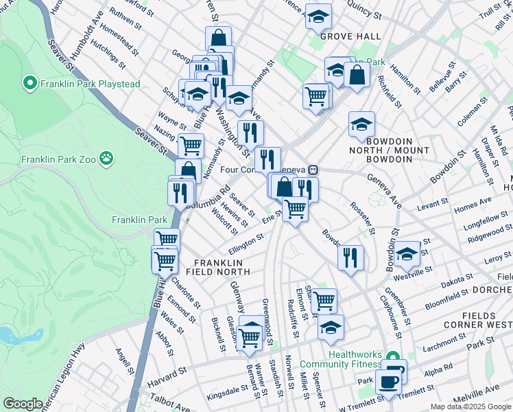 map of restaurants, bars, coffee shops, grocery stores, and more near 18-20 Merrill Street in Boston