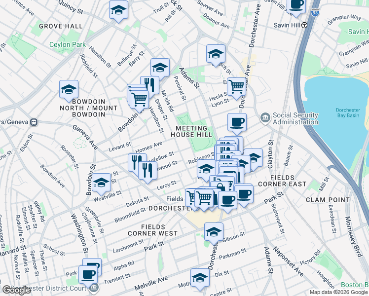 map of restaurants, bars, coffee shops, grocery stores, and more near 12 Bentham Road in Boston