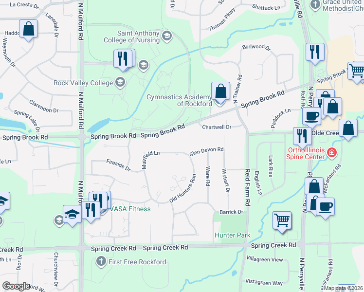 map of restaurants, bars, coffee shops, grocery stores, and more near 6468 Muirfield Lane in Rockford