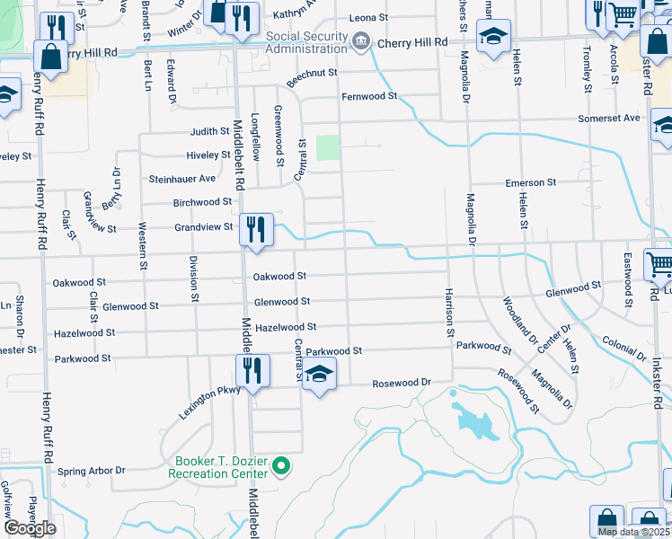 map of restaurants, bars, coffee shops, grocery stores, and more near 28928 Oakwood Street in Inkster
