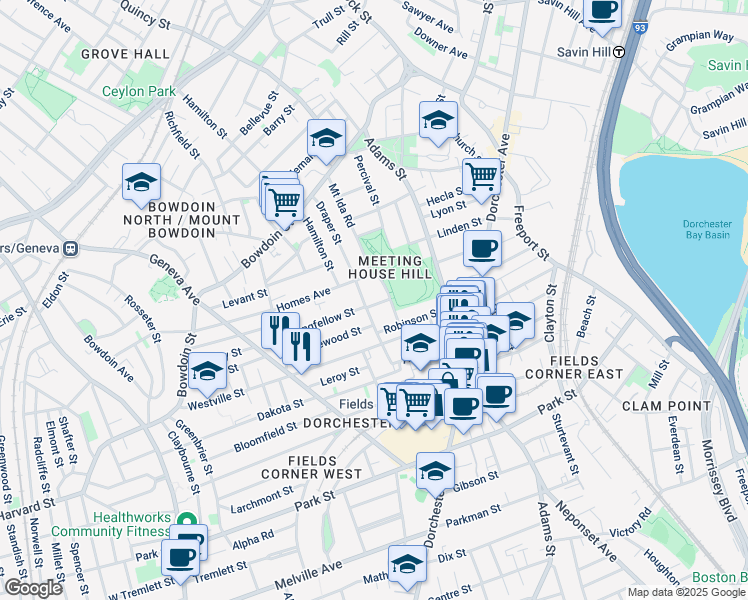 map of restaurants, bars, coffee shops, grocery stores, and more near 13 Bentham Road in Boston