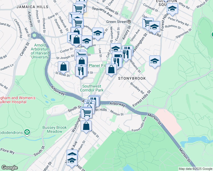 map of restaurants, bars, coffee shops, grocery stores, and more near 3589 Washington Street in Boston
