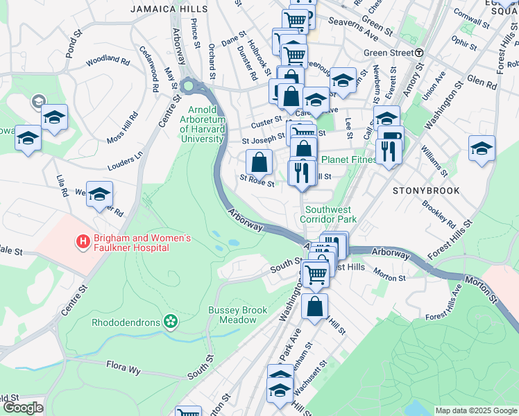 map of restaurants, bars, coffee shops, grocery stores, and more near 362 Arborway in Boston