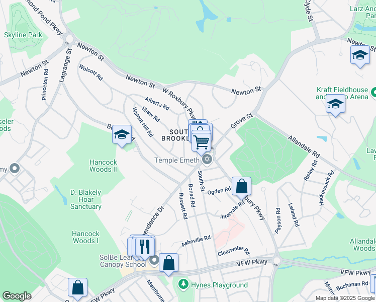 map of restaurants, bars, coffee shops, grocery stores, and more near 151 South Street in Brookline