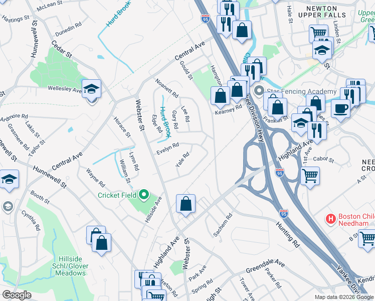 map of restaurants, bars, coffee shops, grocery stores, and more near 22 Yale Road in Needham