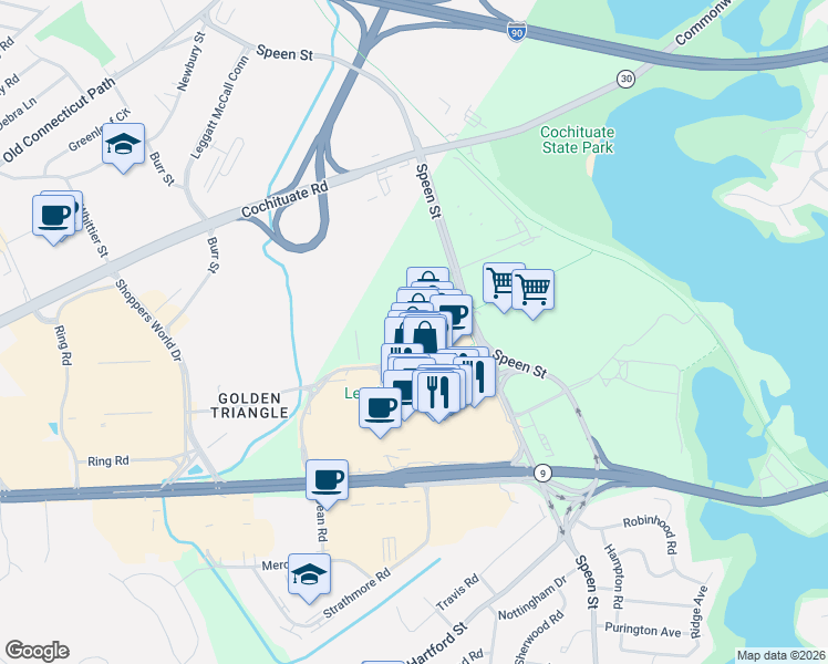 map of restaurants, bars, coffee shops, grocery stores, and more near 1245 Worcester Street in Natick