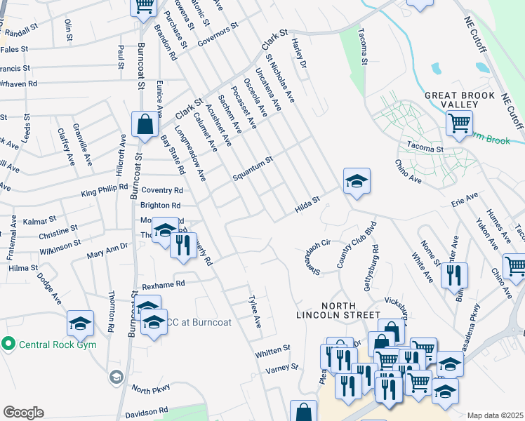 map of restaurants, bars, coffee shops, grocery stores, and more near 119 Acushnet Avenue in Worcester