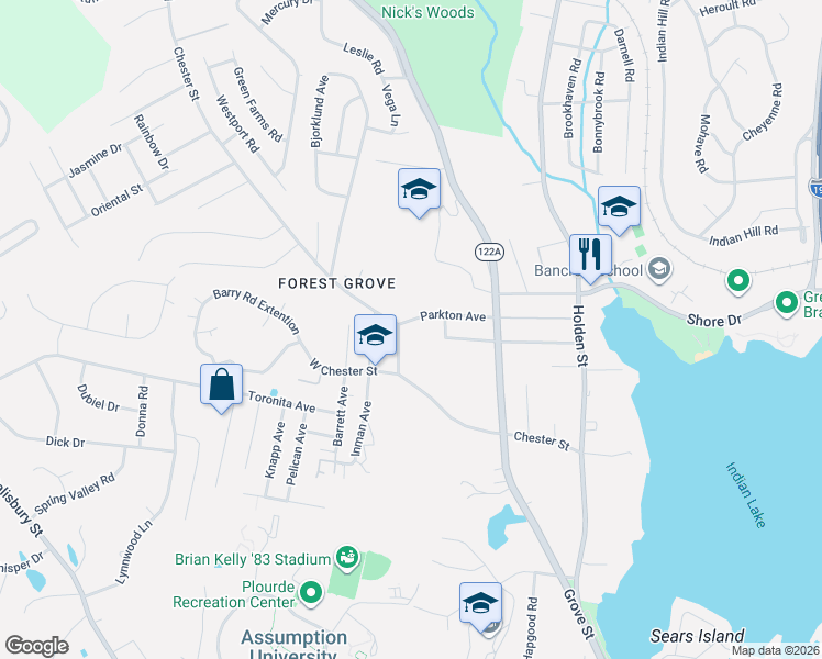map of restaurants, bars, coffee shops, grocery stores, and more near 53 Chester Street in Worcester