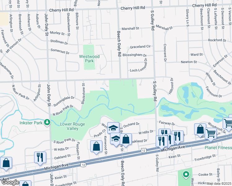 map of restaurants, bars, coffee shops, grocery stores, and more near 25951 Avondale Street in Inkster