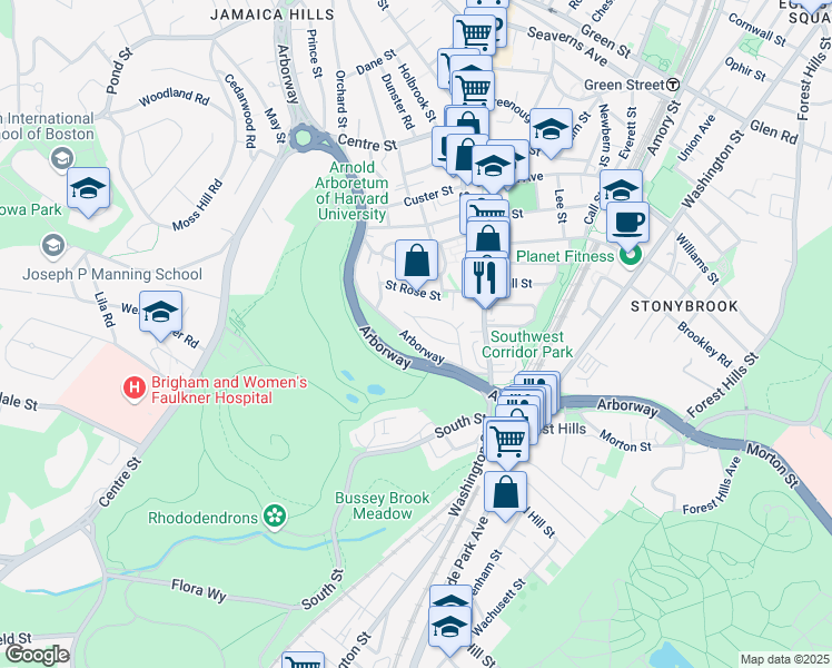 map of restaurants, bars, coffee shops, grocery stores, and more near 362 Arborway in Boston