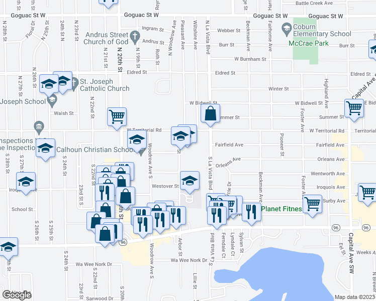 map of restaurants, bars, coffee shops, grocery stores, and more near 15 Arbor Street in Battle Creek