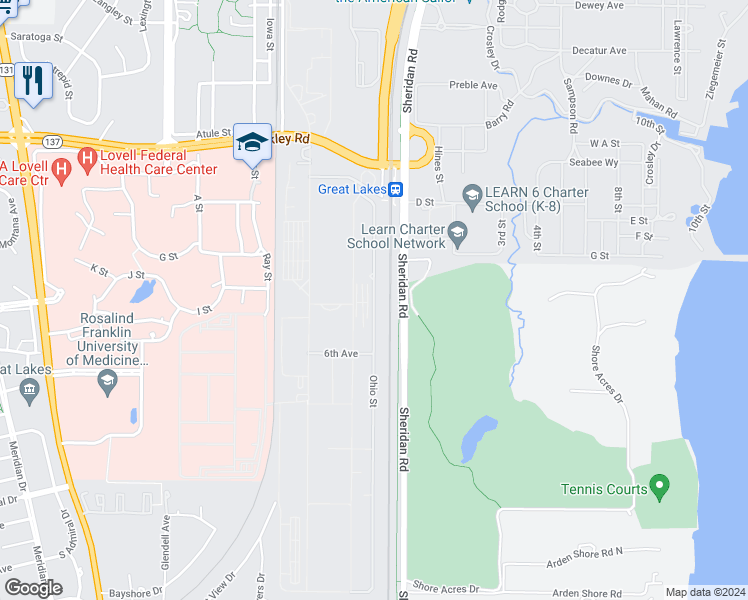 map of restaurants, bars, coffee shops, grocery stores, and more near Ohio Street in North Chicago