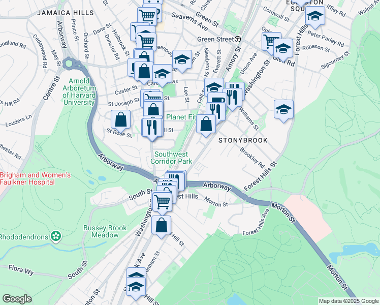 map of restaurants, bars, coffee shops, grocery stores, and more near 3615-3645 Washington Street in Boston