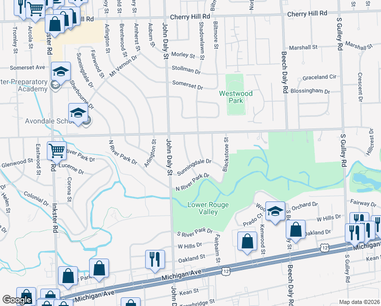 map of restaurants, bars, coffee shops, grocery stores, and more near 1152 Meadowbrook Street in Inkster