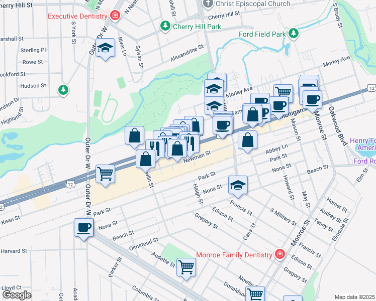map of restaurants, bars, coffee shops, grocery stores, and more near 22680 Newman St in Dearborn
