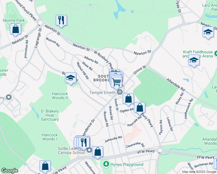 map of restaurants, bars, coffee shops, grocery stores, and more near 151 South Street in Brookline