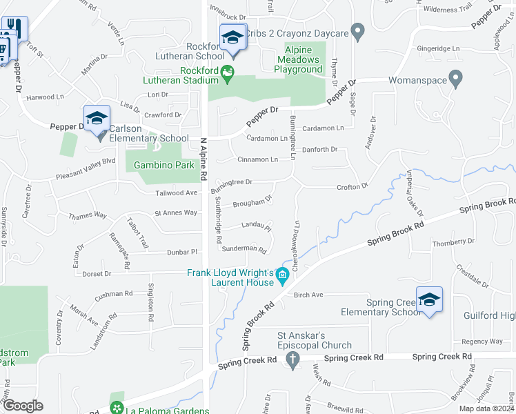 map of restaurants, bars, coffee shops, grocery stores, and more near 4659 Brougham Drive in Rockford