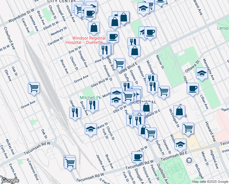 map of restaurants, bars, coffee shops, grocery stores, and more near 135 Montrose Street in Windsor