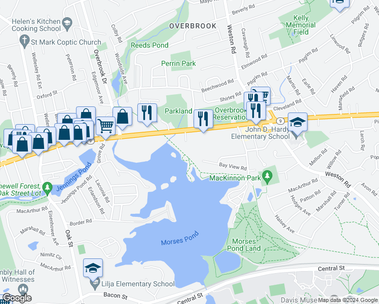 map of restaurants, bars, coffee shops, grocery stores, and more near 2 Dale Street in Wellesley