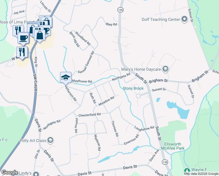 map of restaurants, bars, coffee shops, grocery stores, and more near 16 Meadow Road in Northborough
