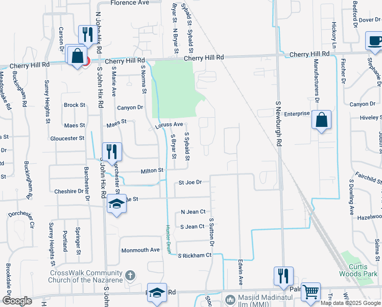 map of restaurants, bars, coffee shops, grocery stores, and more near 565 South Sybald Street in Westland