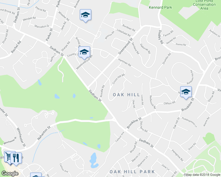 map of restaurants, bars, coffee shops, grocery stores, and more near 4 Cross Hill Road in Newton