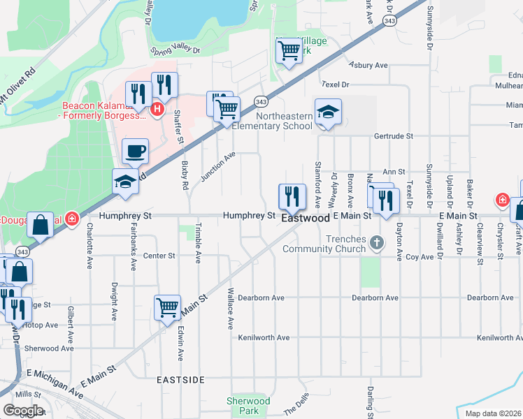 map of restaurants, bars, coffee shops, grocery stores, and more near 2124 Humphrey Street in Kalamazoo