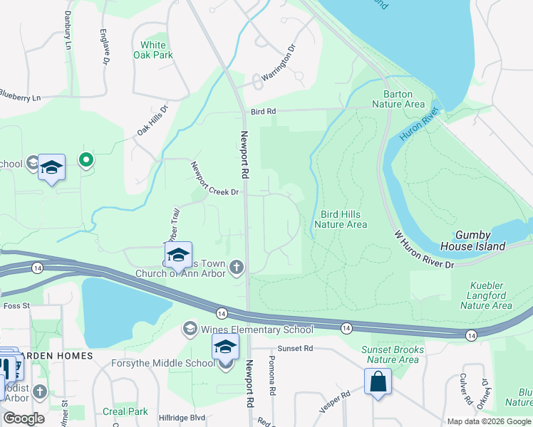 map of restaurants, bars, coffee shops, grocery stores, and more near 2110 Spruceway Lane in Ann Arbor